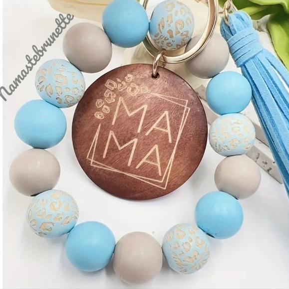 Wooden Beaded Mama Keychain Bag Charm With Blue Tassel - Picture 3 of 11